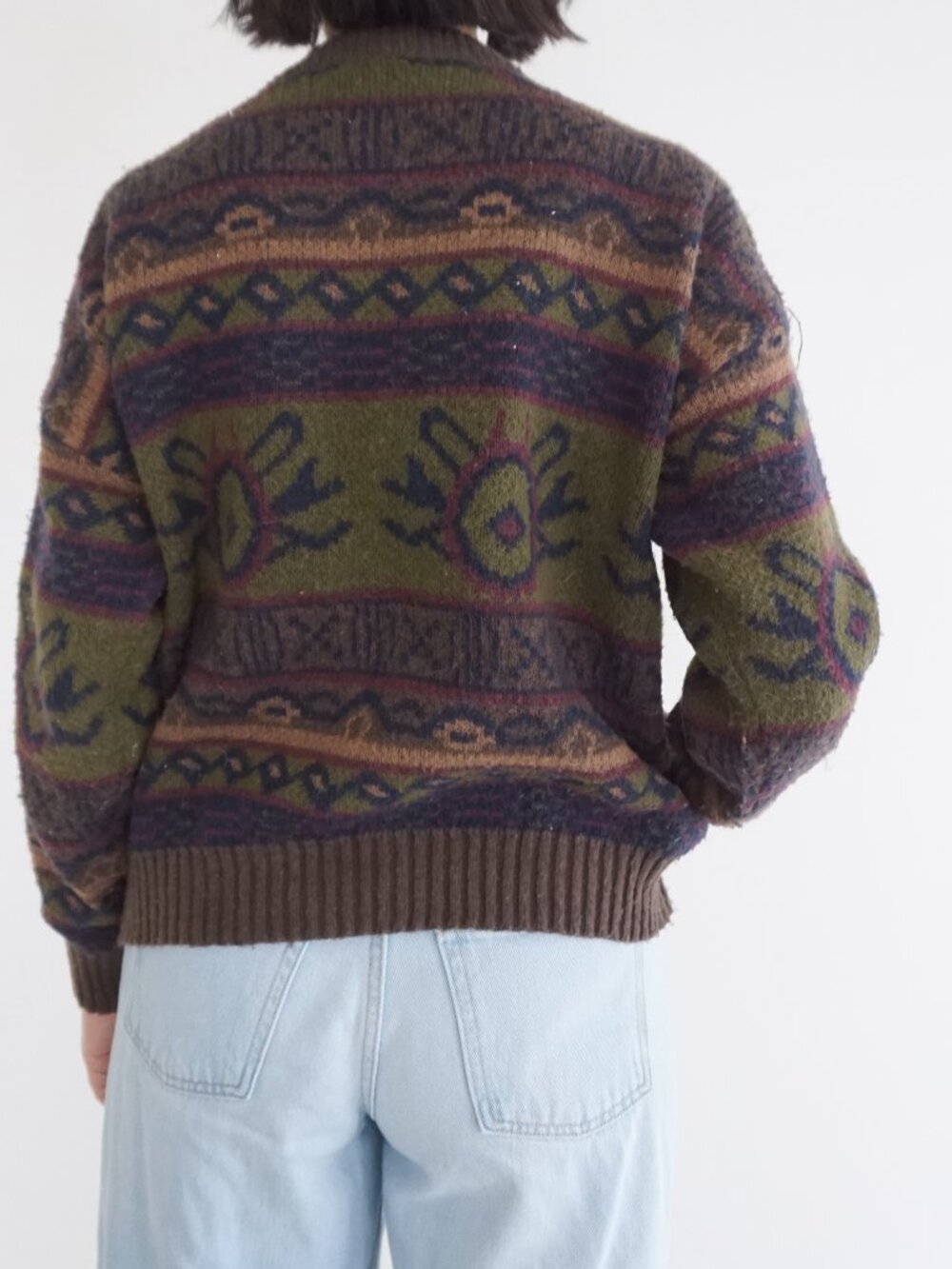 Vintage Olive Brown Tribal Southwestern Geometric Knit Sweater Cabin Grandpa M - Picture 2 of 9